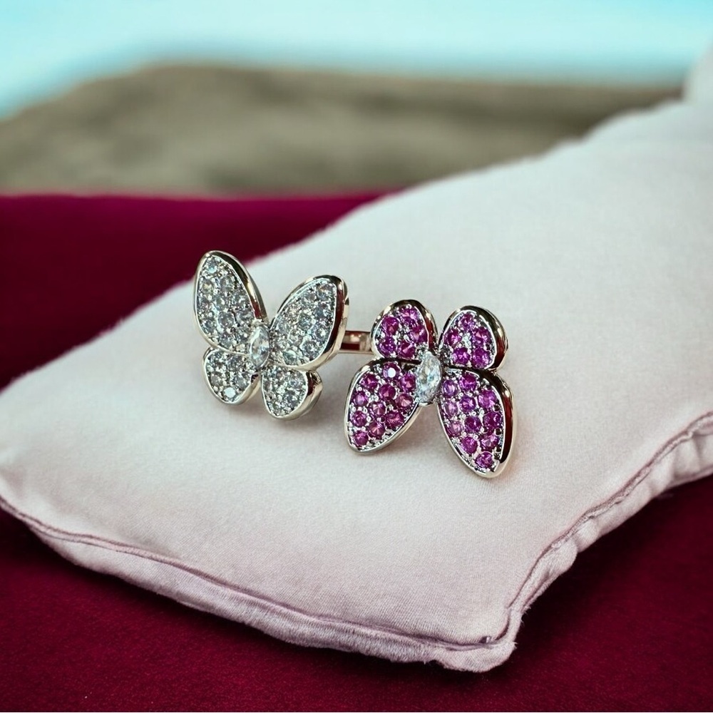 NEW Pink & White CZ Double Butterfly In-Between Finger Ring in Silver